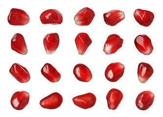 Ripe juicy pomegranate seeds on white background, collage