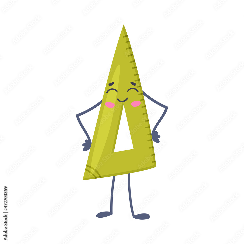 Sticker Funny Green Triangular Ruler as Office Supply Humanized Character Vector Illustration