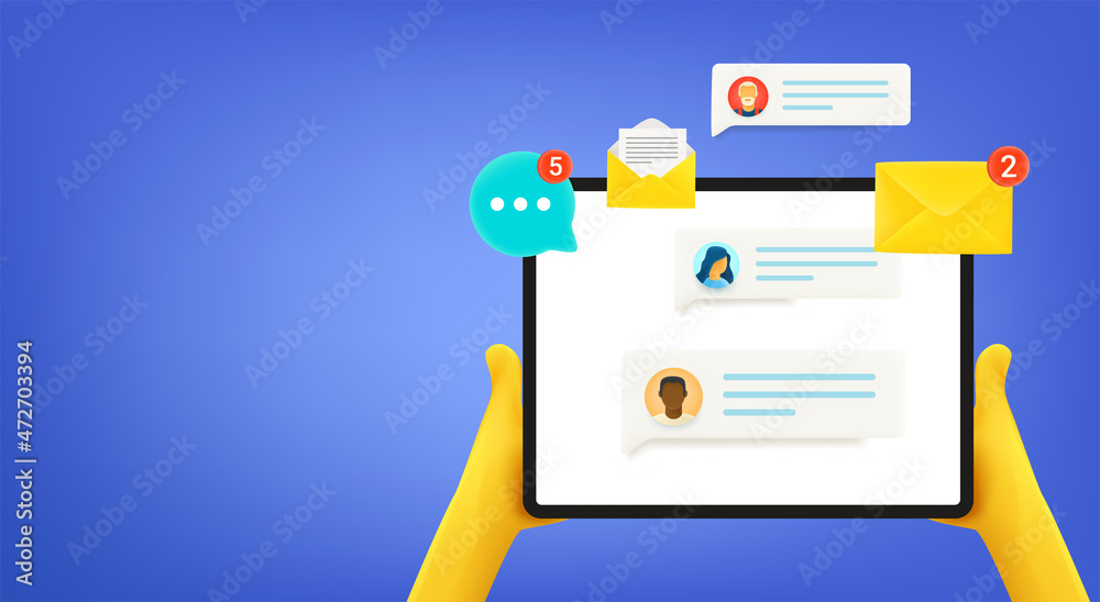Poster Person with gadget with messages. Vector banner with copy space