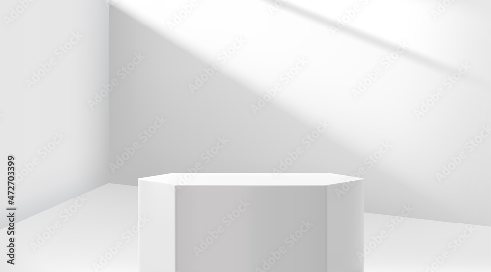 Poster room corner with sunlight from the window and pedestal. realistic 3d style vector illustration