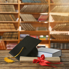 Graduation hat, book and diploma on wooden table in library