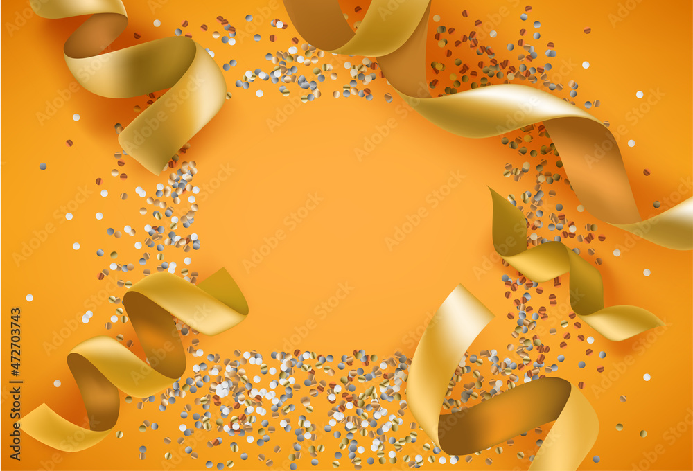Poster blank frame with golden ribbons and foil confetti. greeting card template with copy space