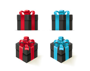 Gift boxes with color satin bow. 3d style vector illustration