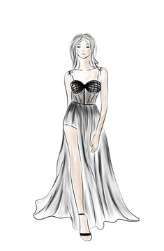 Fashion sketch. Model wearing stylish dress on white background, illustration