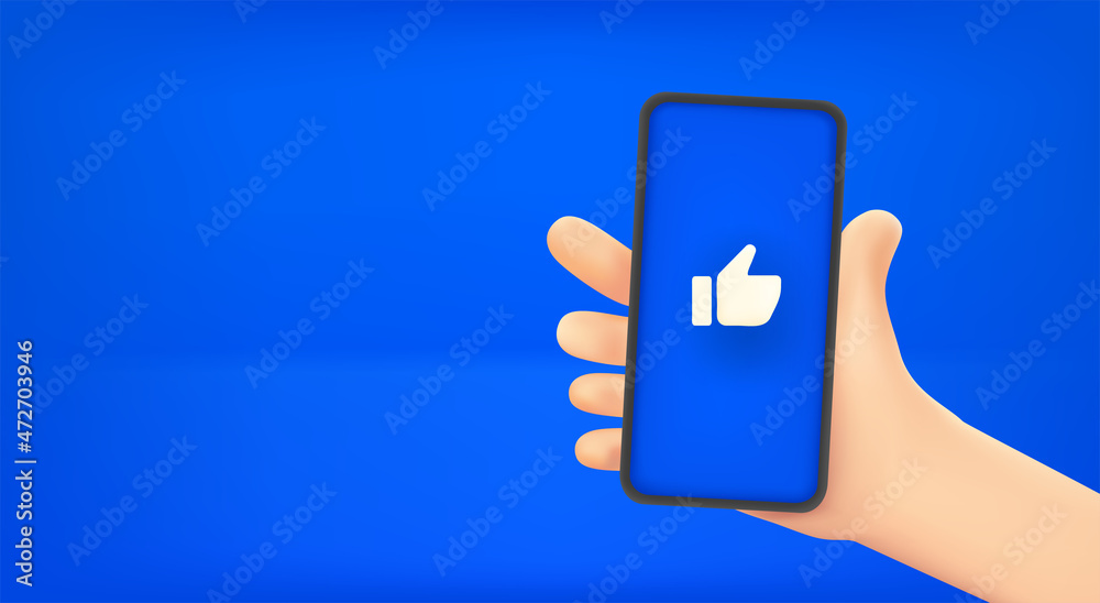 Poster man holding smartphone with thumbs up symbol. vector banner with copy space