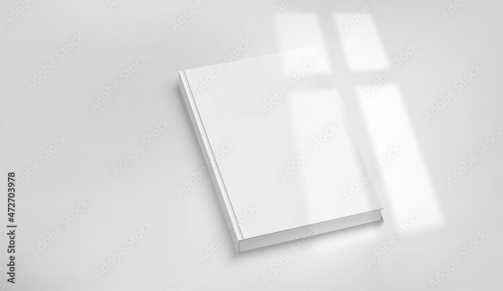 Poster White book on a tabke with light of the window shadow overlay. Realistic vector mockup