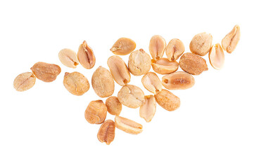 Roasted and salted peanuts isolated on a white background, top view. Snacks.