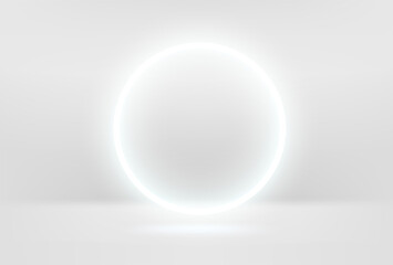 Illuminated white room with round neon light. Realistic vector 3d illustration