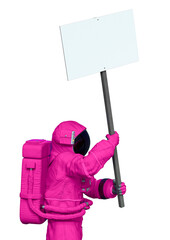 astronaut is holding a white placard in side view