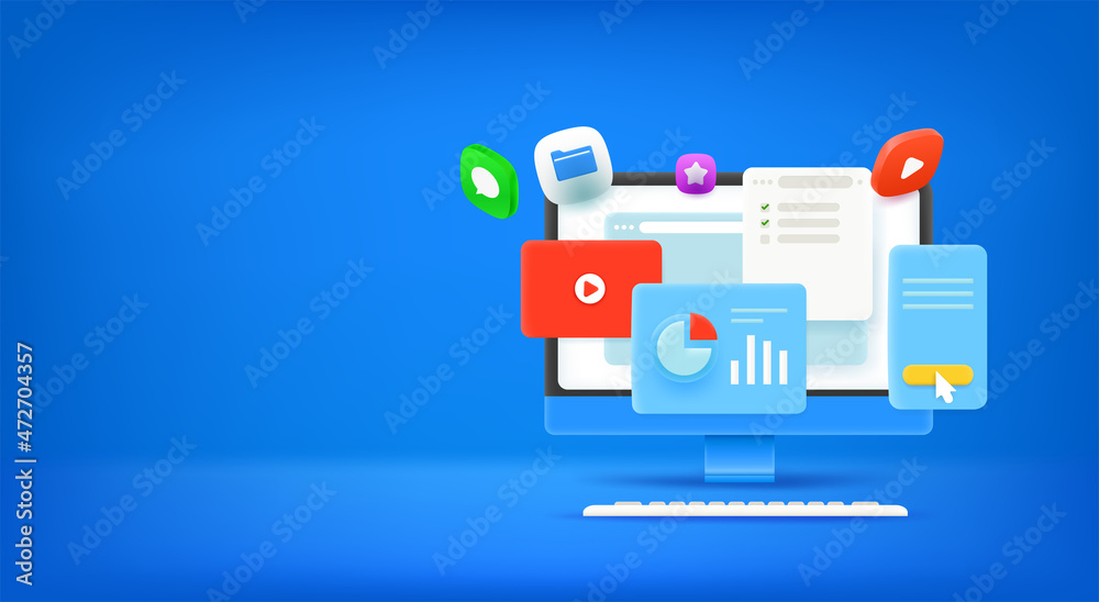 Poster working with computer. vector banner with copy space