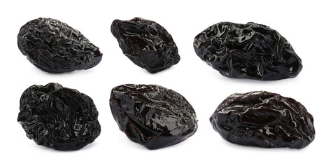Set with sweet dried prunes on white background. Banner design
