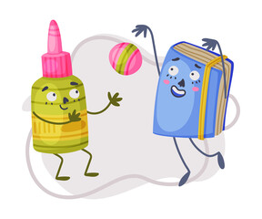 Smiling Glue and Notepad as Office Supply Humanized Character Playing Ball Vector Illustration