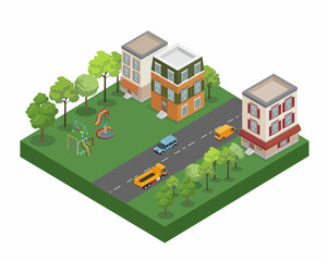 Isometric view of the city. Collection of houses 3D illustration 3d module block district part