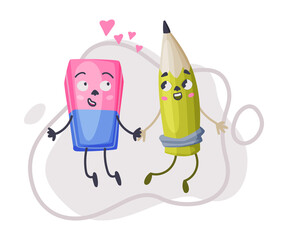 Smiling Eraser and Pencil in Love as Office Supply Humanized Character Holding Hands Vector Illustration