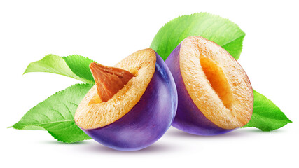 Cut across a blue plum with yellow pulp with leaves isolated on a white background.
