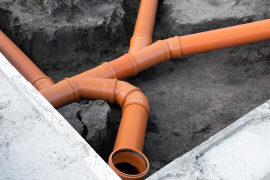 Prepared Drainage System from Plastic pipes made by plumber in the ground.