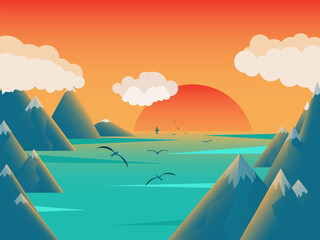 Fototapeta na wymiar Seascape with seagulls and mountains at sunset