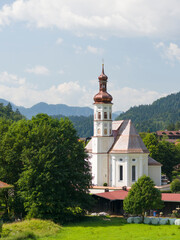 Church Sankt Michael. Village Sachrang in the Chiemgau in the Bavarian alps. Europe, Germany, Bavaria