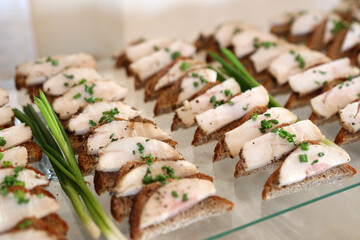 Sandwiches with black bread, lard and green onions