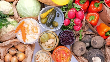 Homemade fermented in glass jars, pickled food healthy vegetables, fruit harvest. Winter fermented and canning superfood concept. Probiotics, enzymes, nutritiion veggy preservation. Selective focus