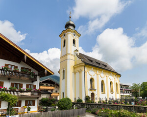 Church Sankt Remigius. Village Schleching in the Chiemgau in the Bavarian alps. Europe, Germany, Bavaria