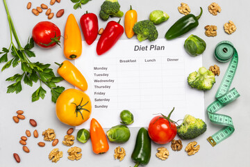 Diet plan for the week. Colored vegetables and nuts.