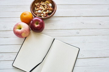 fruit cereals proper nutrition notepad breakfast diet top view