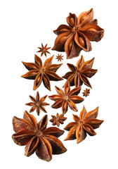 Dry aromatic anise stars falling on white background