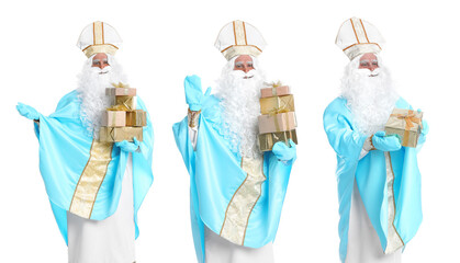 Collage with photos of Saint Nicholas on white background