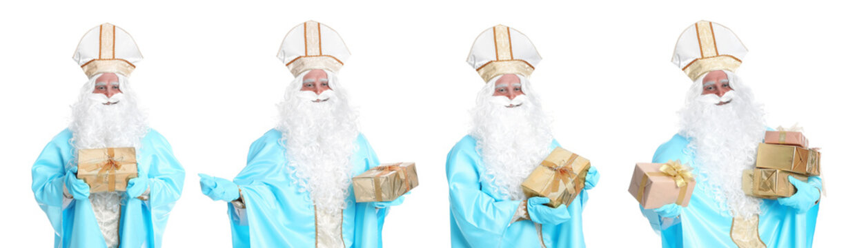 Collage with photos of Saint Nicholas on white background. Banner design