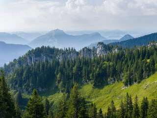 View over the mountains of the Chiemgau Alps in upper Bavaria. Europe, Germany, Bavaria