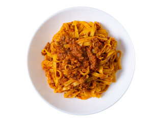 Plate of tagliatelle with bolognese sauce, Italian recipe Tagliatelle al ragù isolated on white