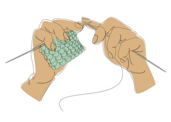 Knitting with threads. Hands of man, woman in modern trendy style with one line. Solid line, outline for decor, posters, stickers, logo. Vector illustration.