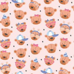 Colorful seamless pattern with bear face. Cute kids nordic print. Vector hand drawn illustration.