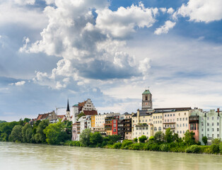 The famous waterfront and river Inn. The medieval old town of Wasserburg am Inn in the Chiemgau...