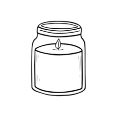 Сozy candle doodle. Hygge home decoration, wax candle for relax and spa in sketch style. Hand drawn vector illustration isolated on white background.