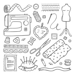 Set of sewing doodle. Craft supplies and tools: sewing machine, buttons, scissors, pin and thread spools. Hand drawn vector illustration isolated on white background. - obrazy, fototapety, plakaty