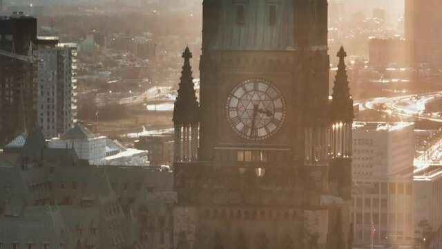 Aerial view of downtown Ottawa Ontario Canada and Parliament hill with bridges to Quebec from Ontario