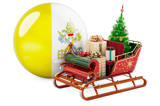 Christmas in Vatican, concept. Christmas Santa sleigh full of gifts with Vatican flag. 3D rendering