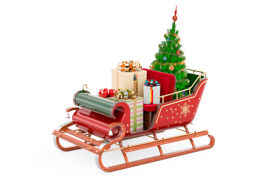 Christmas Santa sleigh full of gifts with Christmas tree. 3D rendering