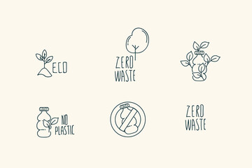 There are no badges in the set, there is no plastic. Conceptual life without plastic, eco-friendly, recyclable, eco-friendly, waste-free. A collection of sustainable linear icons. Vector illustration