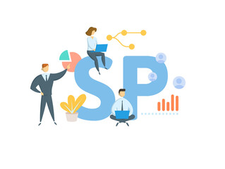 SP, Service Pack. Concept with keyword, people and icons. Flat vector illustration. Isolated on white.