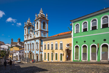 Salvador, Bahia, Brazil, November 2020 - view of some beautiful old houses at the Pelourinho and the Church Our Lady of Rosário dos Preto (igreja de Nossa Senhora do Rosário dos Pretos)