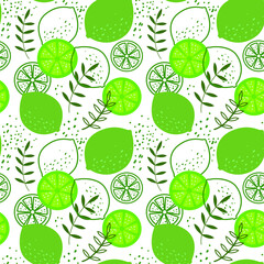 Vector abstract pattern with limes, lime slices and lime flowers. Green background.
