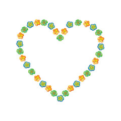 Heart shaped frame of watercolor flowers. Bright botanical illustration with flowers, leaves, berries and branches in a decorative style on a white background