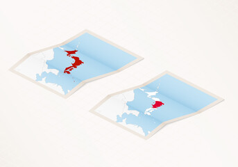 Two versions of a folded map of Japan with the flag of the country of Japan and with the red color highlighted.
