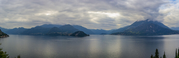 Overview on Lake Como from Varenna in cloudy weather, Lombardia - Italy