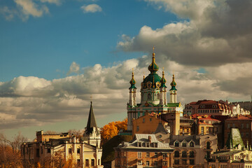 Panoramic view of the church on the city against the blue sky