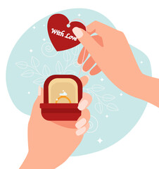 Female hands hold a box with a ring and a card in the form of a heart. Flat vector illustration.
