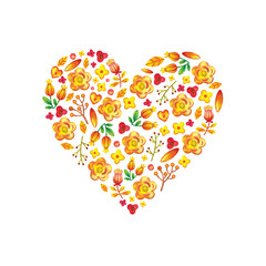 Composition of watercolor flowers in the shape of a heart. Bright botanical illustration with flowers, leaves, berries and branches in a decorative style on a white background
